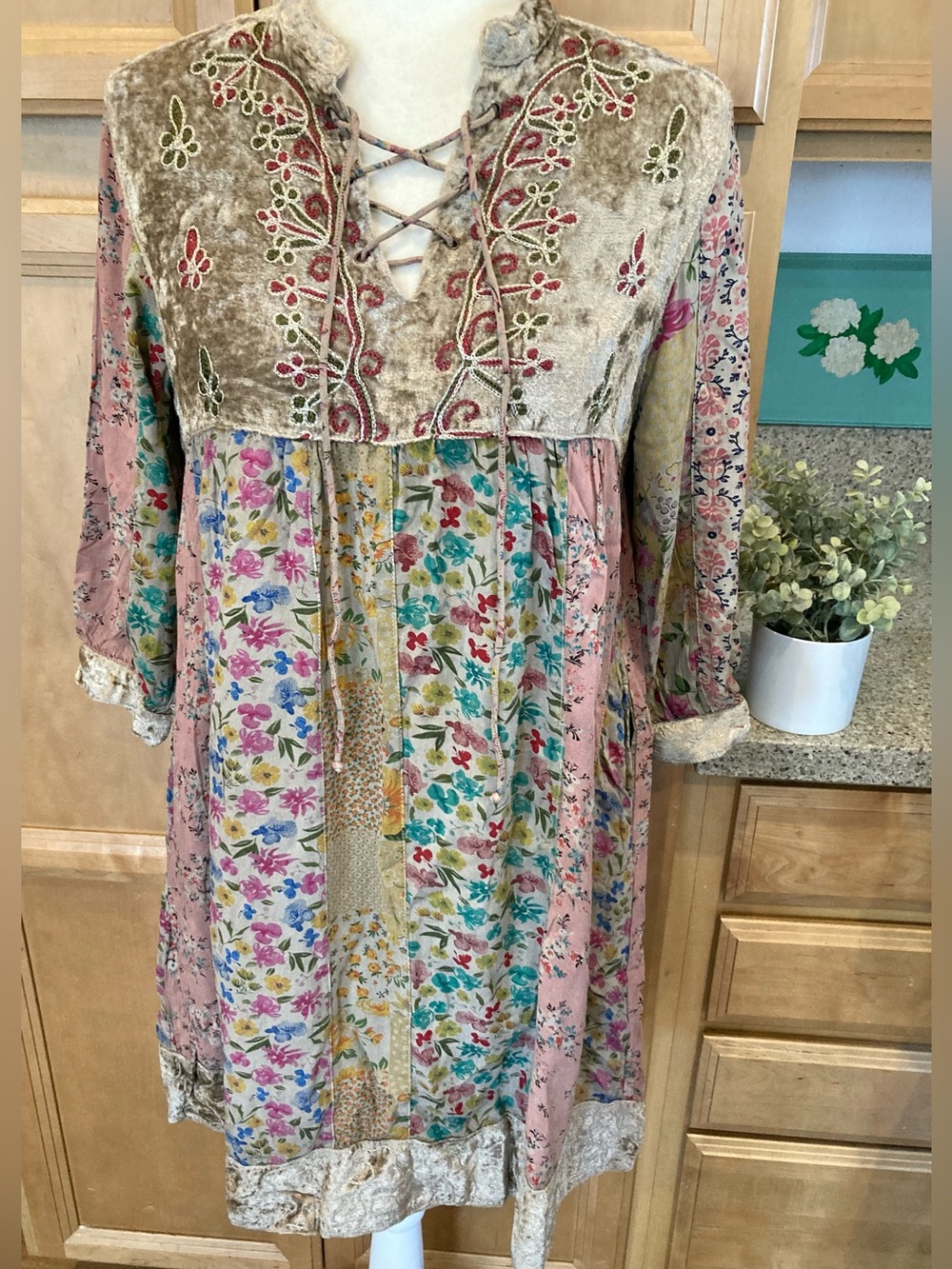 Bohemian Floral Lace-Up Velvet Yoke Dress in Pink & Multicolor